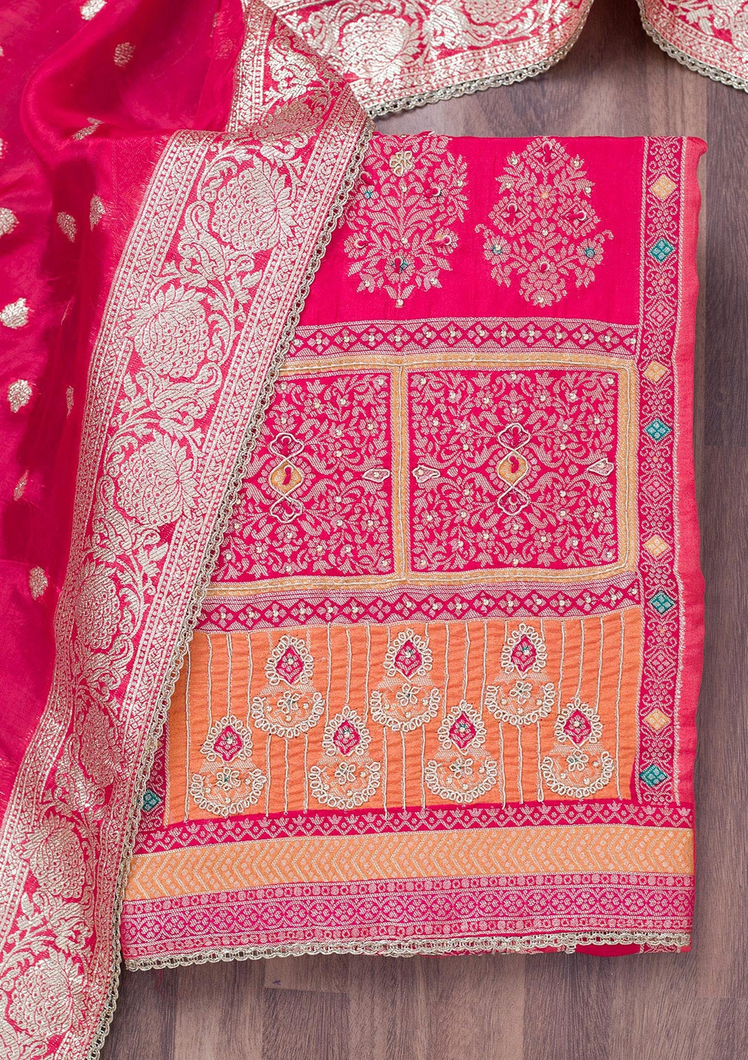 Red Cutdana Semi Crepe Unstitched Salwar Suit-Koskii