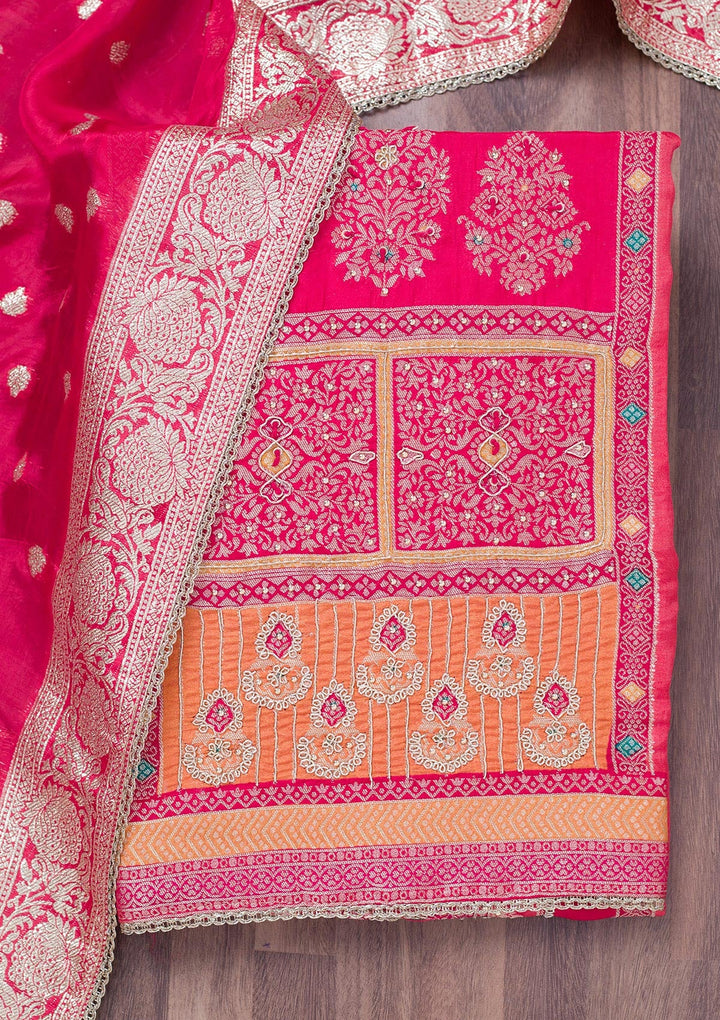 Red Cutdana Semi Crepe Unstitched Salwar Suit-Koskii