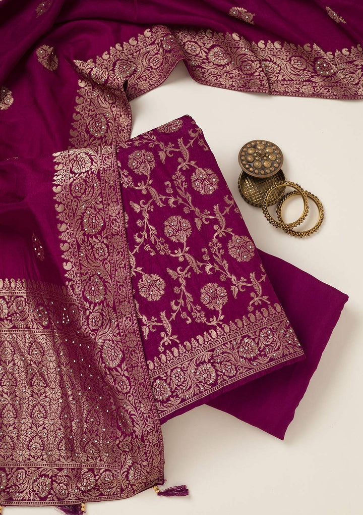 Wine Zariwork Dola Silk Unstitched Salwar Suit-koskii