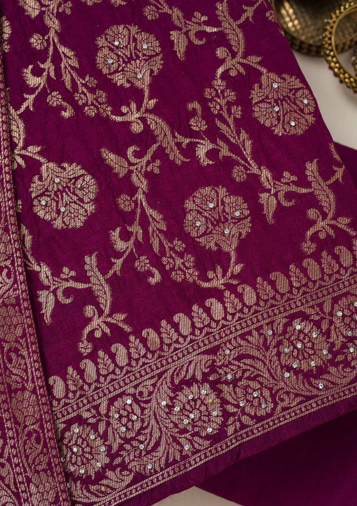 Wine Zariwork Dola Silk Unstitched Salwar Suit-koskii