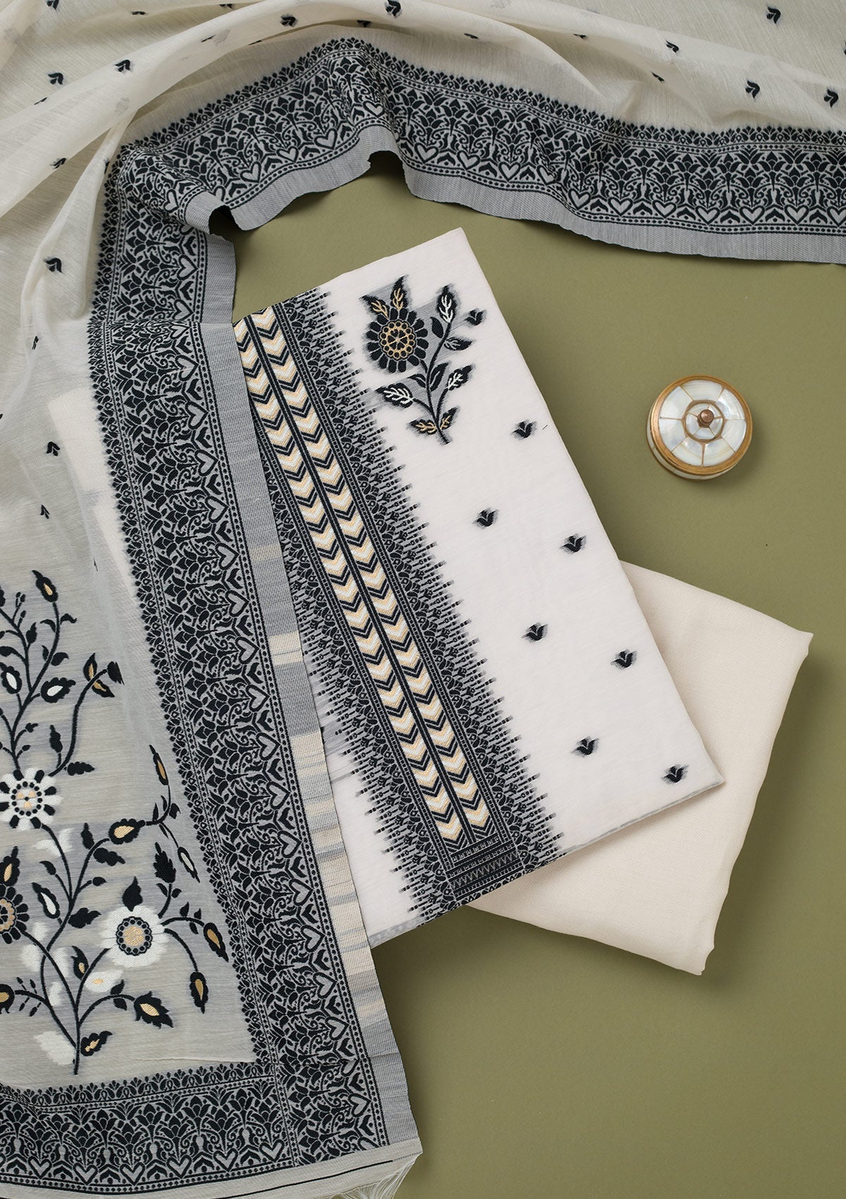 Cream Threadwork Linen Unstitched Salwar Suit-koskii