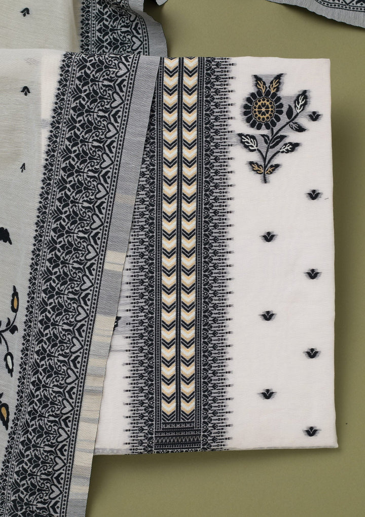 Cream Threadwork Linen Unstitched Salwar Suit-koskii
