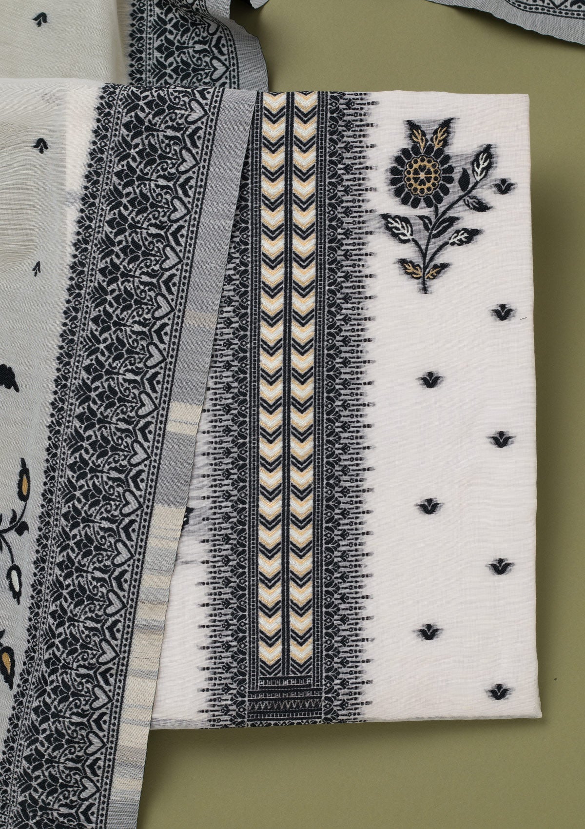 Cream Threadwork Linen Unstitched Salwar Suit-koskii