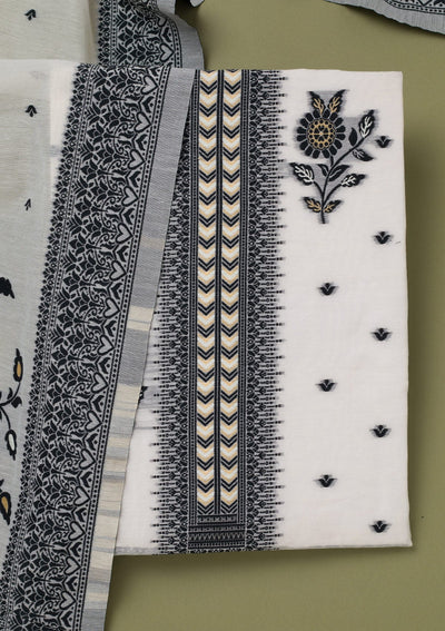 Cream Threadwork Linen Unstitched Salwar Suit-koskii