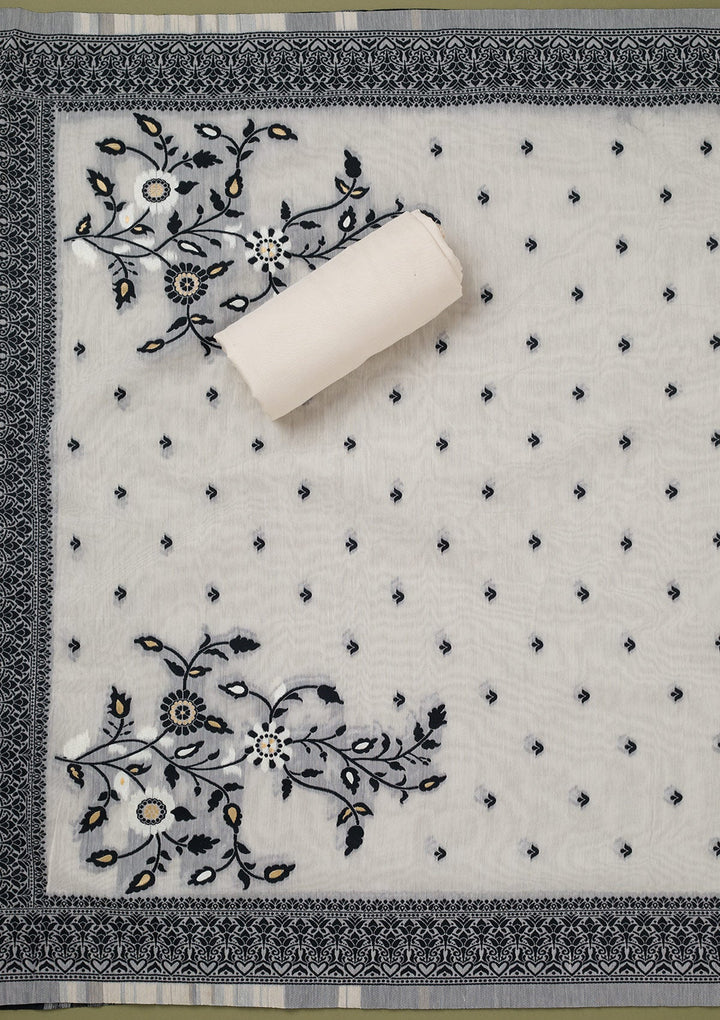 Cream Threadwork Linen Unstitched Salwar Suit-koskii