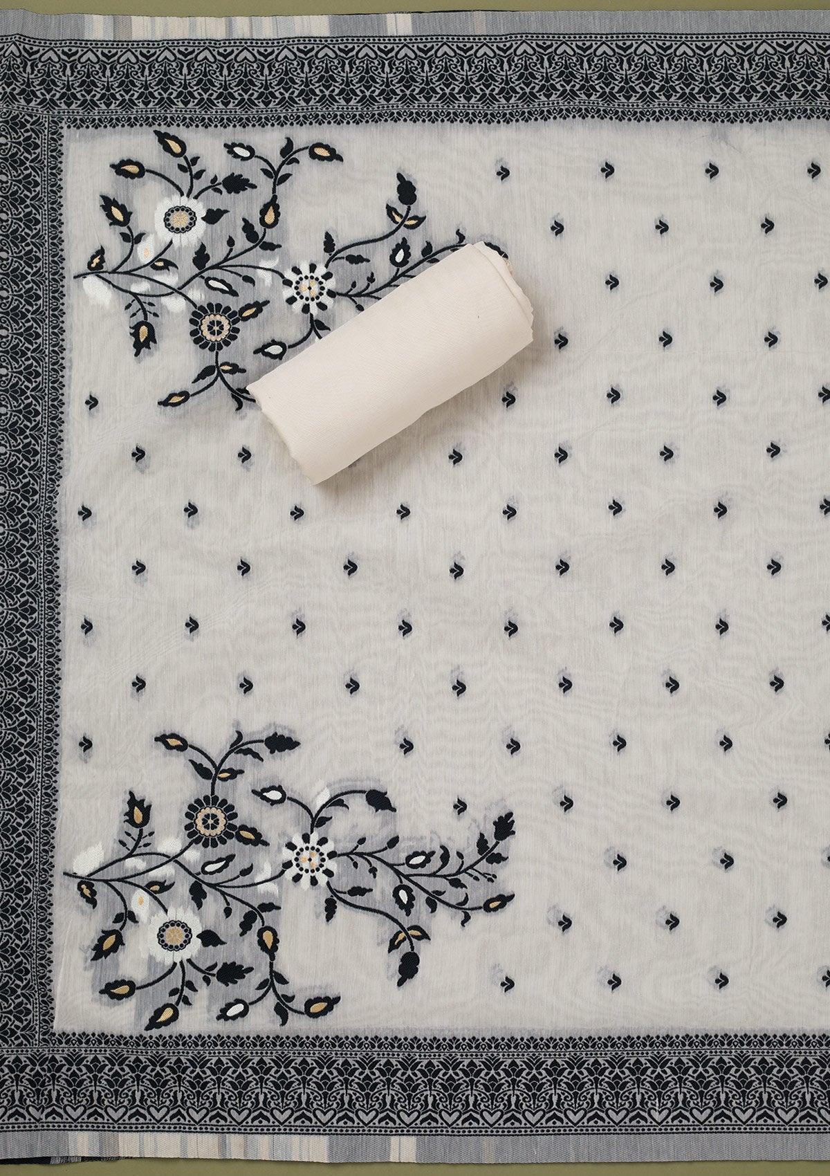 Cream Threadwork Linen Unstitched Salwar Suit-koskii