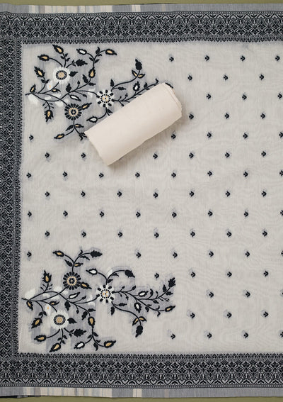 Cream Threadwork Linen Unstitched Salwar Suit-koskii