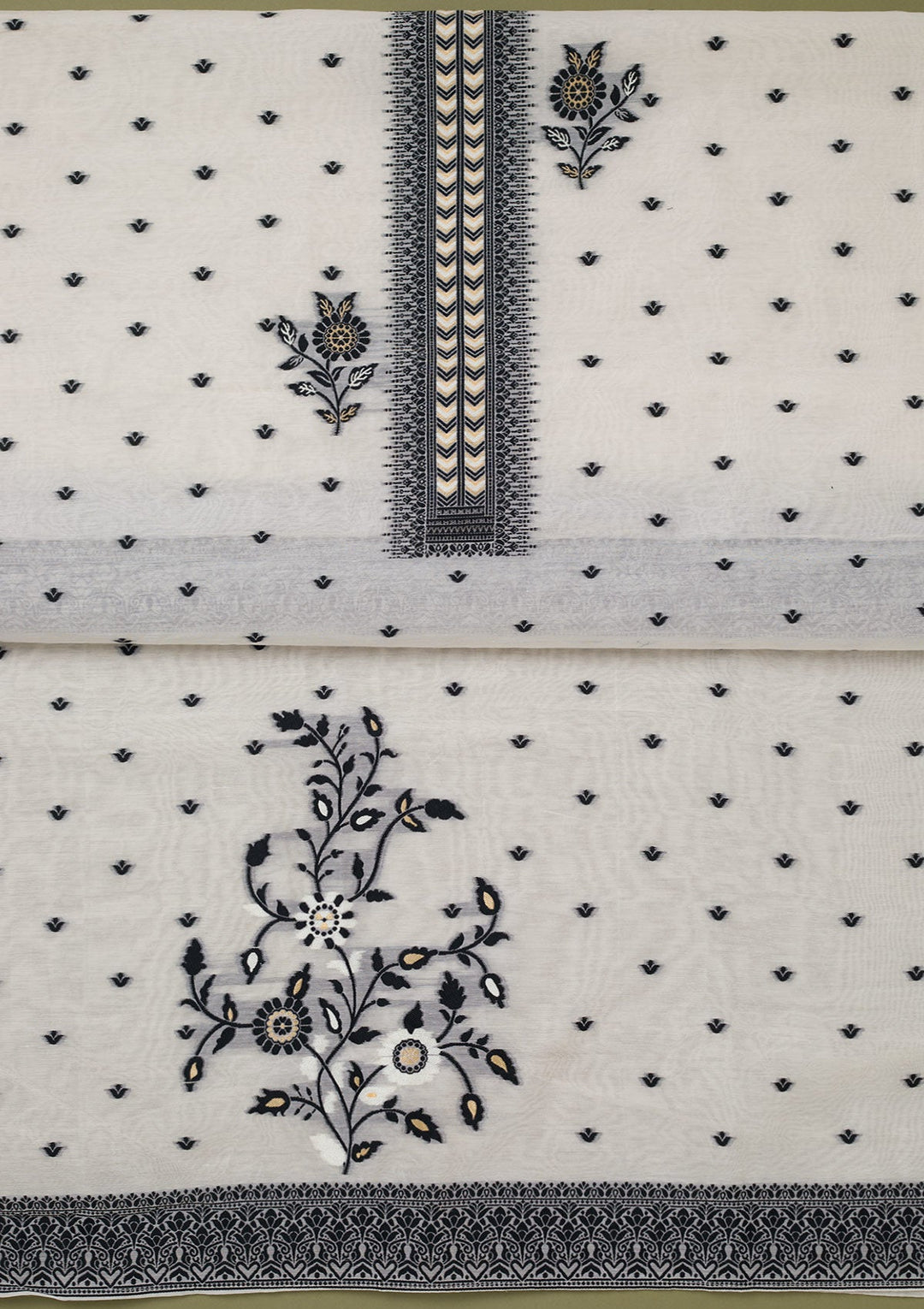 Cream Threadwork Linen Unstitched Salwar Suit-koskii