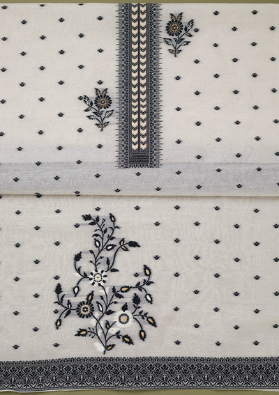 Cream Threadwork Linen Unstitched Salwar Suit-koskii