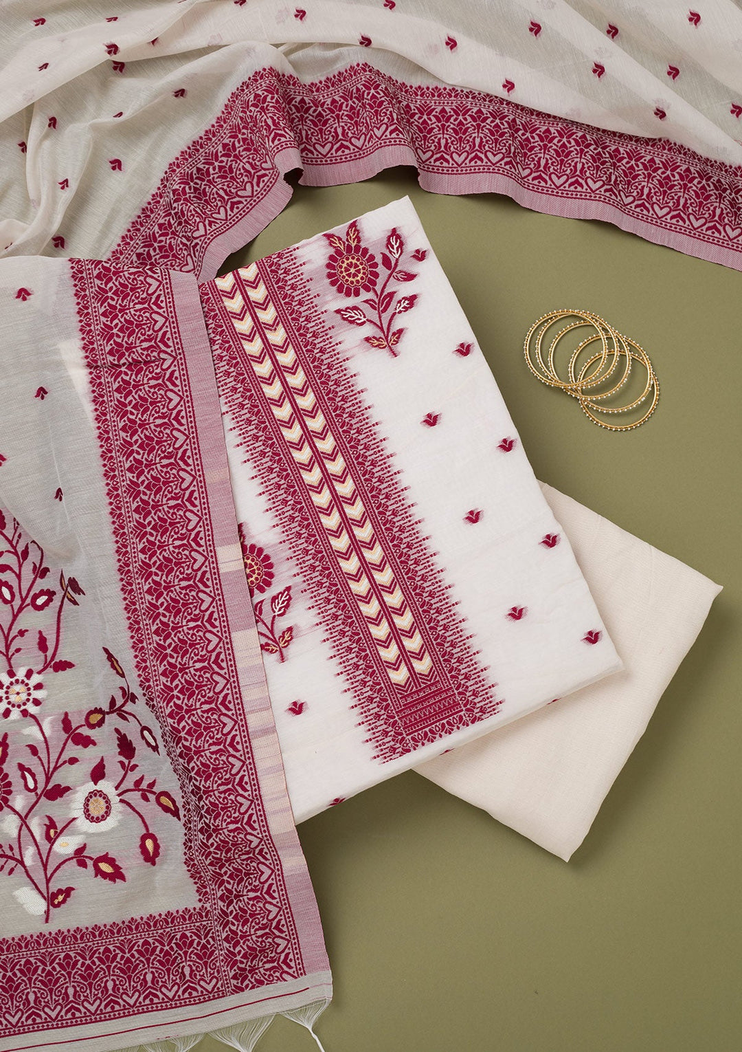 Cream Threadwork Linen Unstitched Salwar Suit-koskii