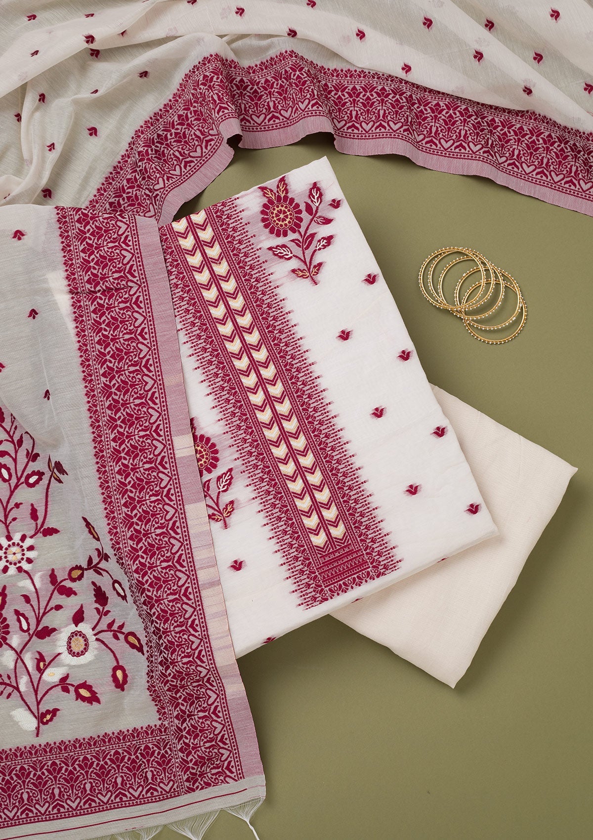 Cream Threadwork Linen Unstitched Salwar Suit-koskii