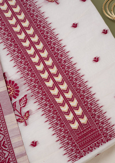 Cream Threadwork Linen Unstitched Salwar Suit-koskii
