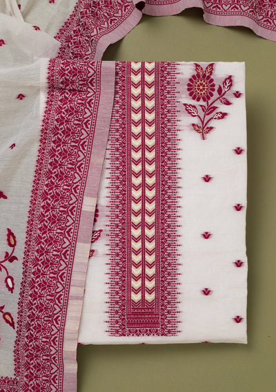 Cream Threadwork Linen Unstitched Salwar Suit-koskii