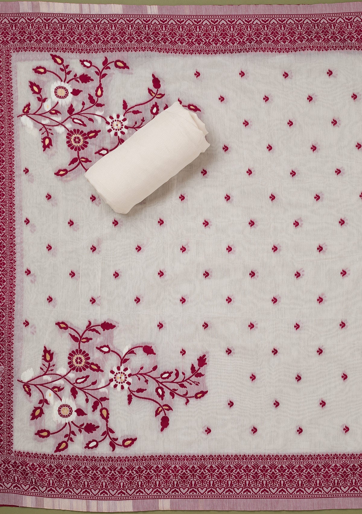 Cream Threadwork Linen Unstitched Salwar Suit-koskii
