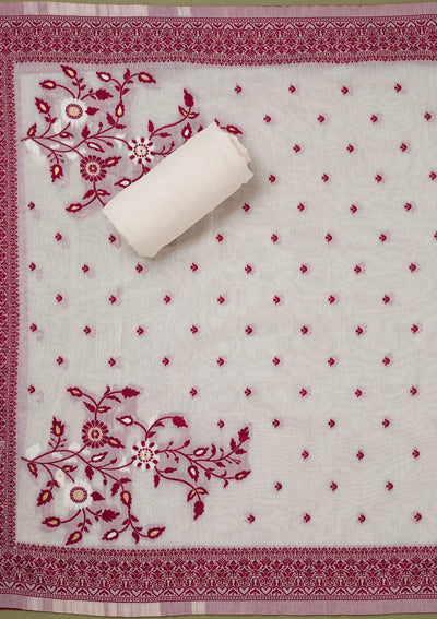 Cream Threadwork Linen Unstitched Salwar Suit-koskii