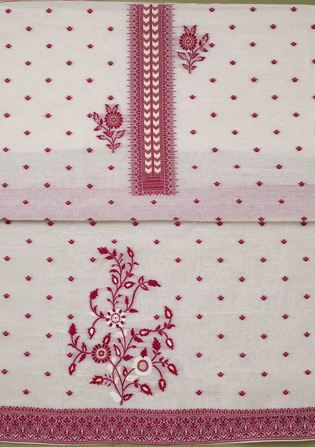 Cream Threadwork Linen Unstitched Salwar Suit-koskii