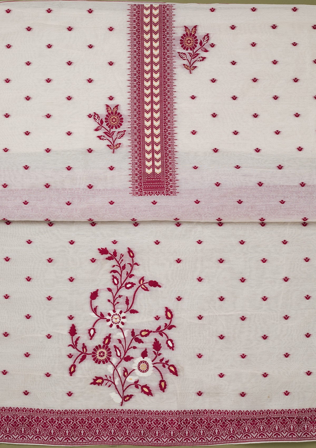 Cream Threadwork Linen Unstitched Salwar Suit-koskii