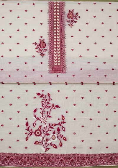 Cream Threadwork Linen Unstitched Salwar Suit-koskii