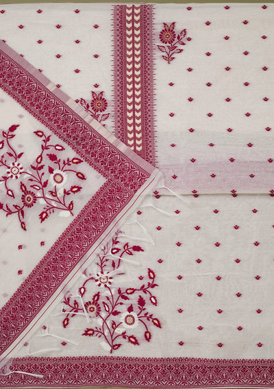 Cream Threadwork Linen Unstitched Salwar Suit-koskii