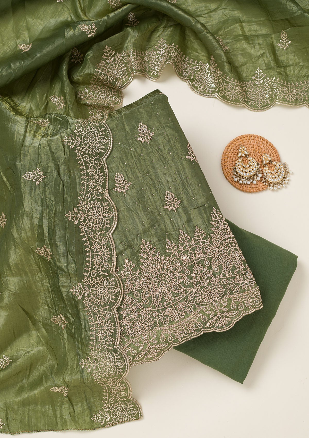 Leaf Green Threadwork Tissue Unstitched Salwar Suit-koskii