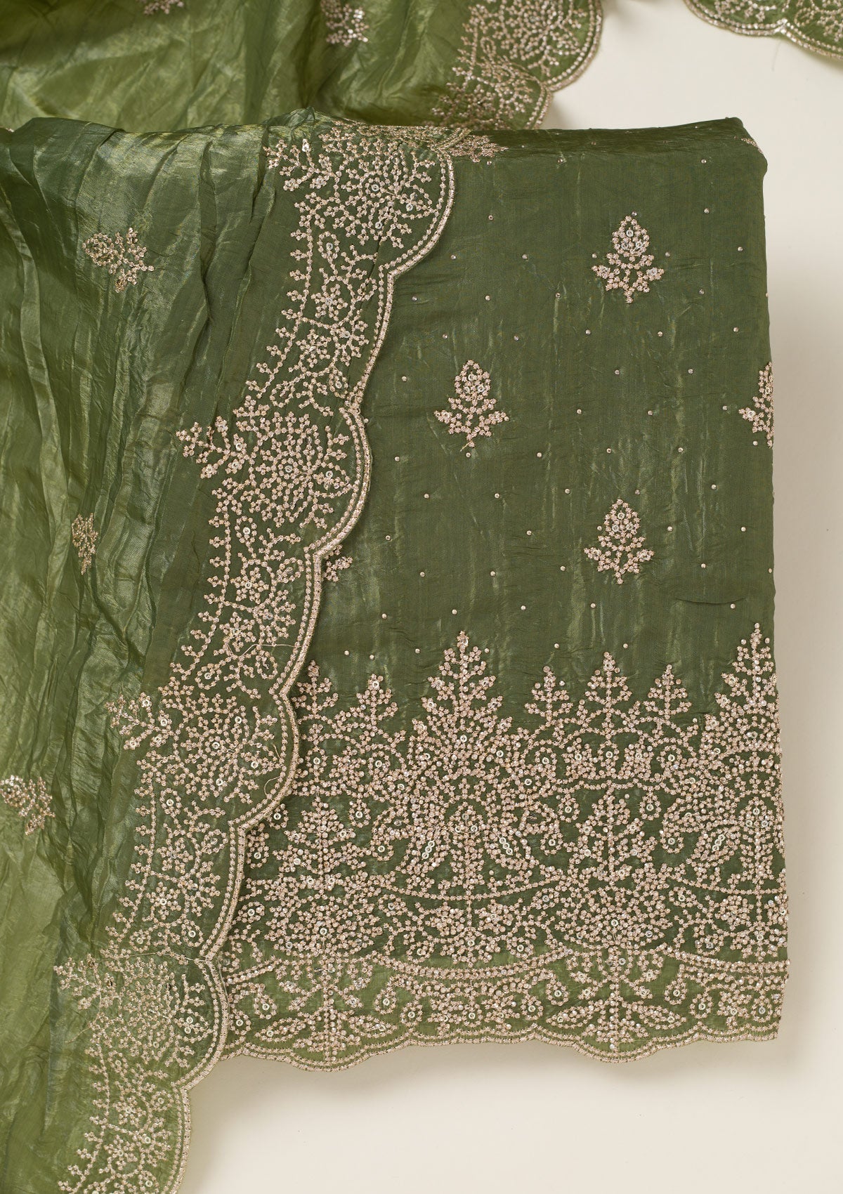 Leaf Green Threadwork Tissue Unstitched Salwar Suit-koskii