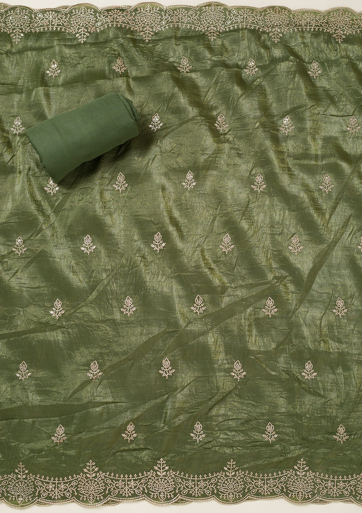 Leaf Green Threadwork Tissue Unstitched Salwar Suit-koskii