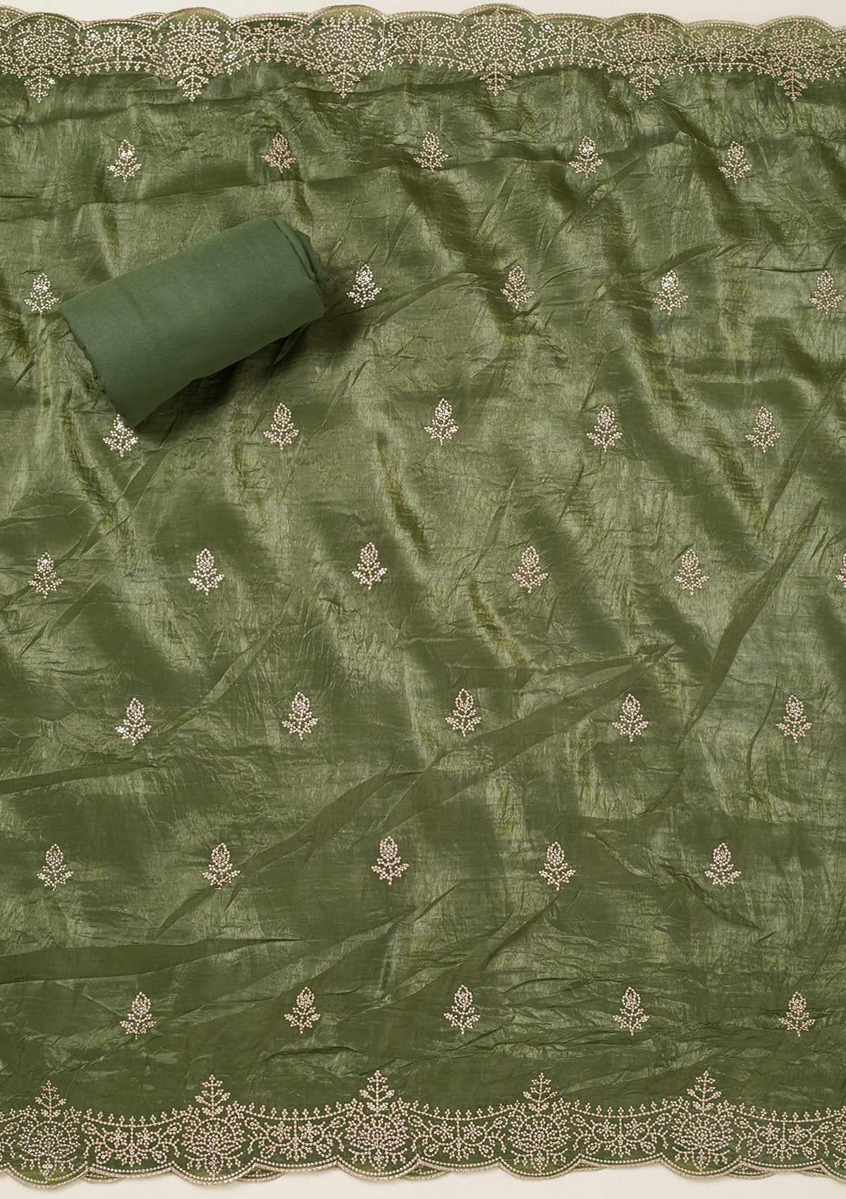 Leaf Green Threadwork Tissue Unstitched Salwar Suit-koskii