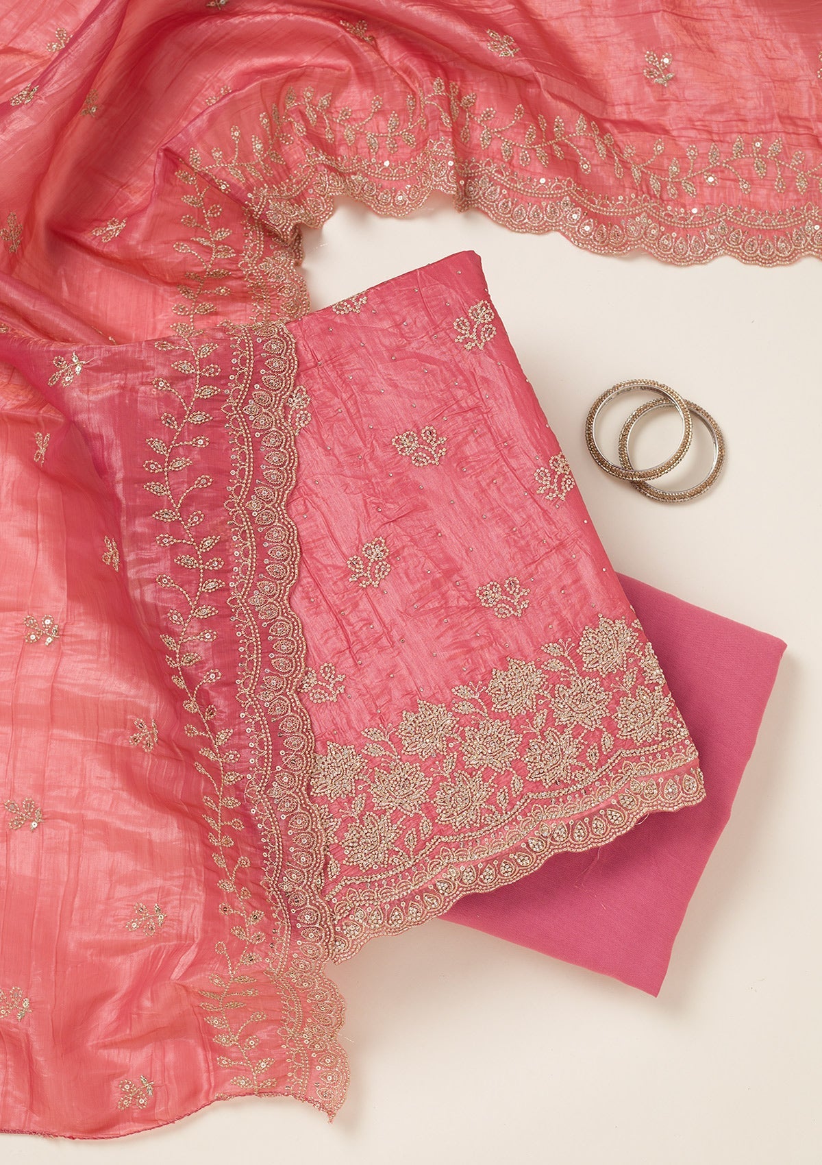 Onion Pink Threadwork Tissue Unstitched Salwar Suit-koskii