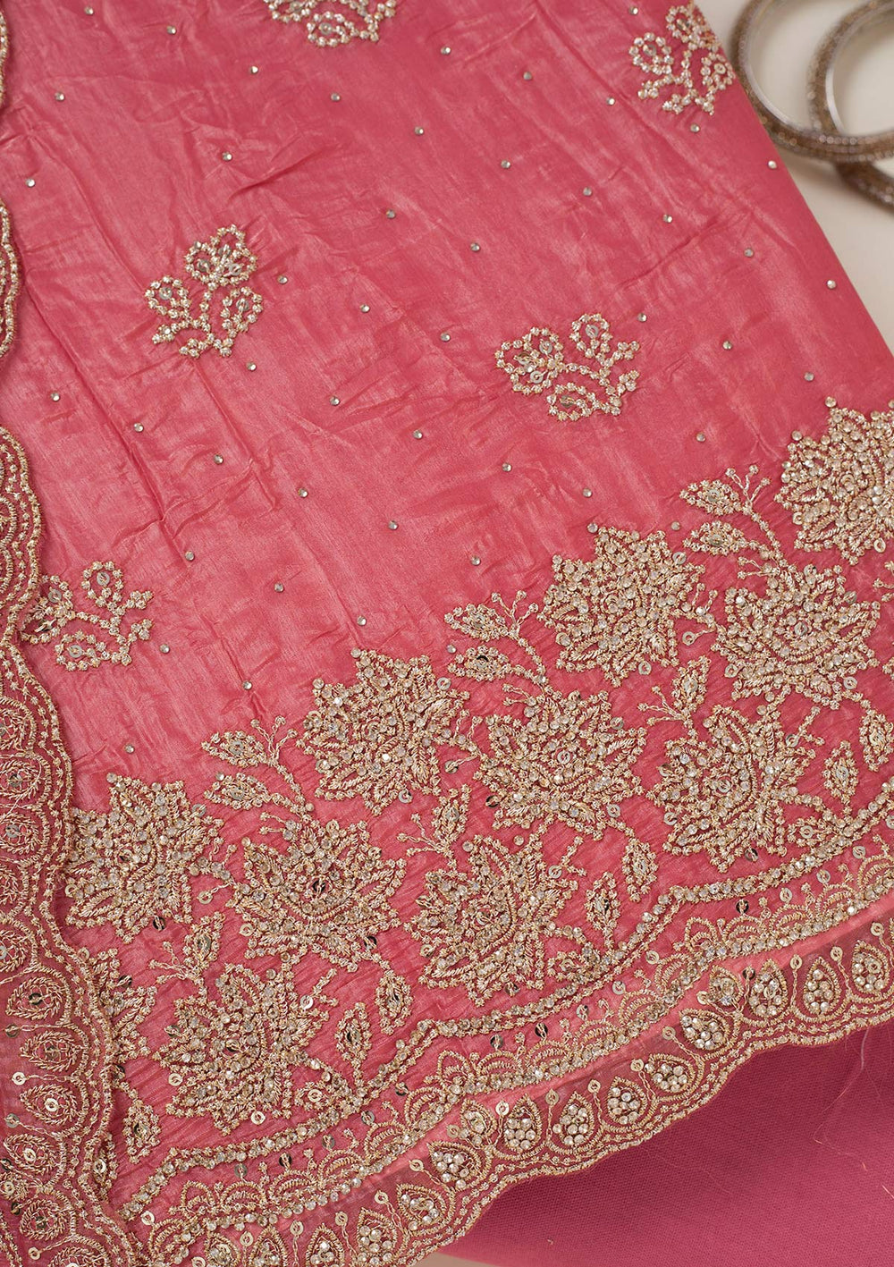 Onion Pink Threadwork Tissue Unstitched Salwar Suit-koskii