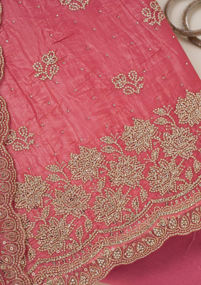 Onion Pink Threadwork Tissue Unstitched Salwar Suit-koskii