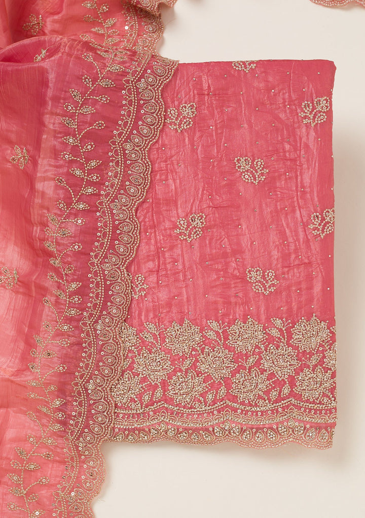 Onion Pink Threadwork Tissue Unstitched Salwar Suit-koskii