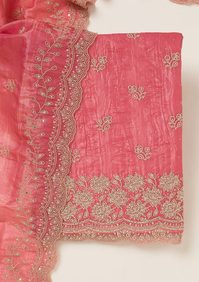 Onion Pink Threadwork Tissue Unstitched Salwar Suit-koskii