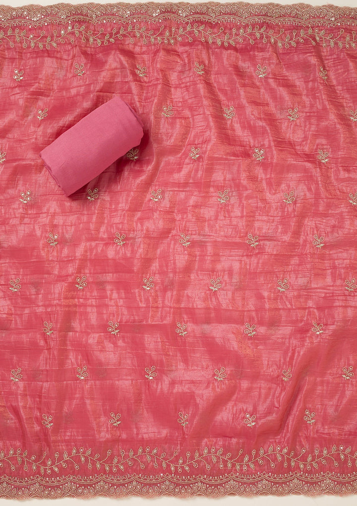 Onion Pink Threadwork Tissue Unstitched Salwar Suit-koskii