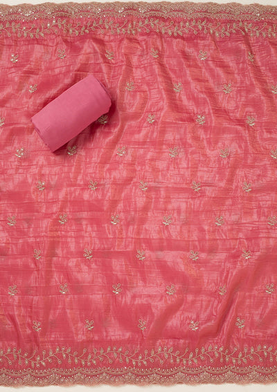 Onion Pink Threadwork Tissue Unstitched Salwar Suit-koskii
