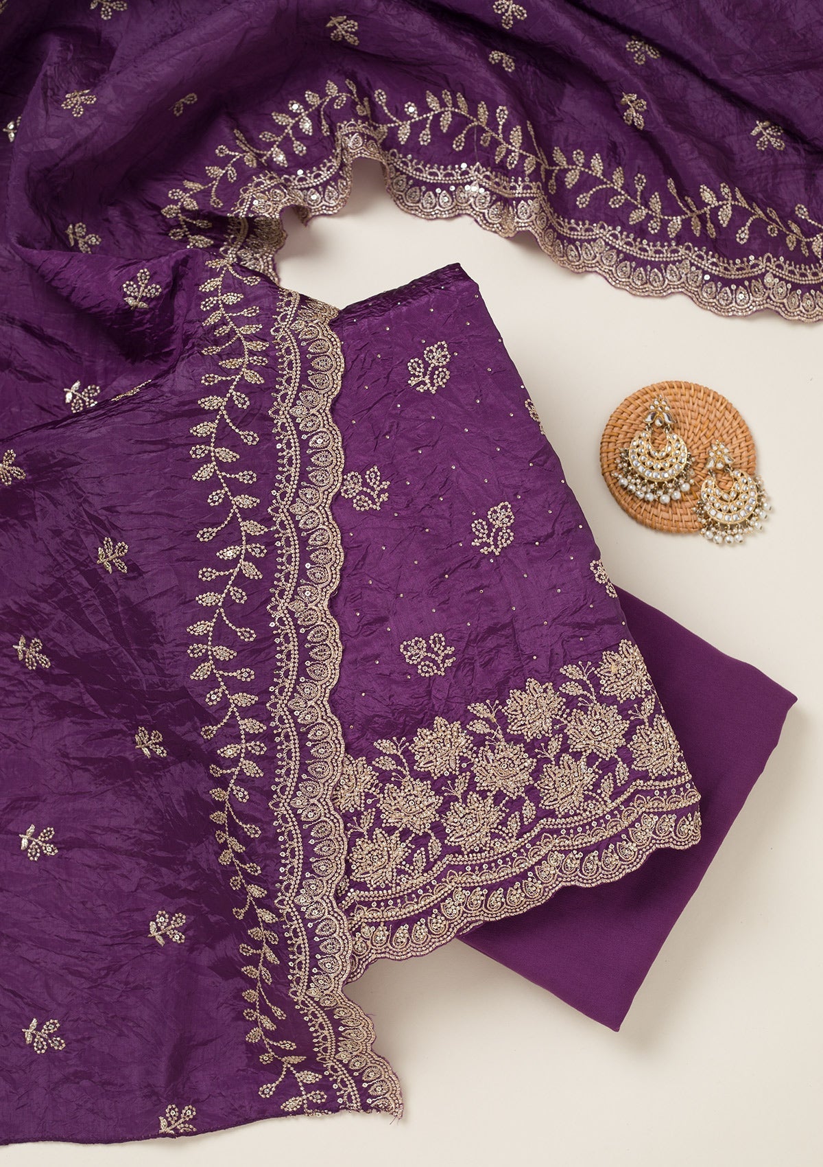 Purple Threadwork Tissue Unstitched Salwar Suit-koskii