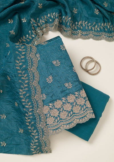 Turquoise Blue Threadwork Tissue Unstitched Salwar Suit-koskii