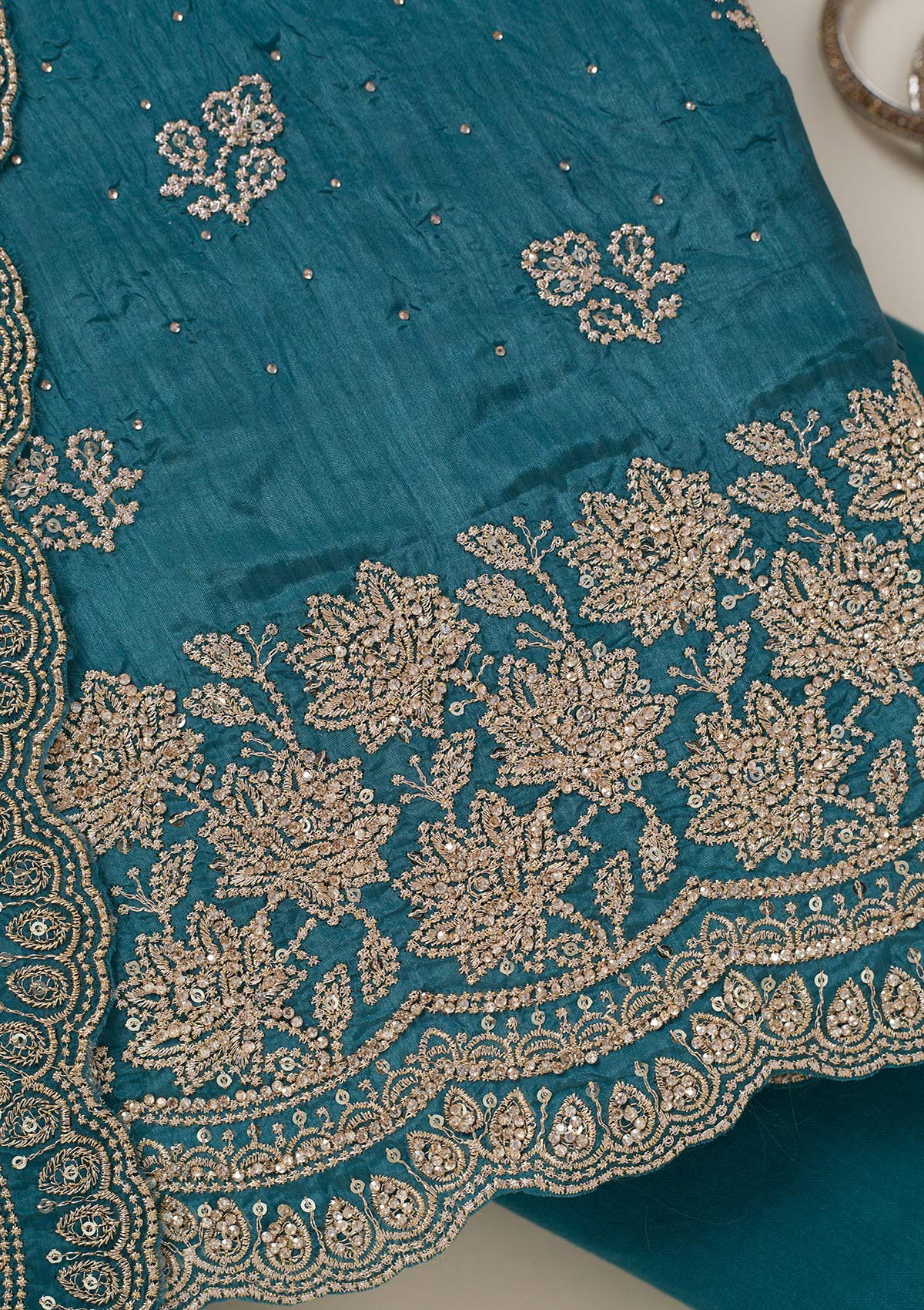 Turquoise Blue Threadwork Tissue Unstitched Salwar Suit-koskii
