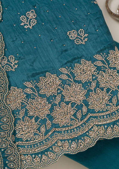 Turquoise Blue Threadwork Tissue Unstitched Salwar Suit-koskii