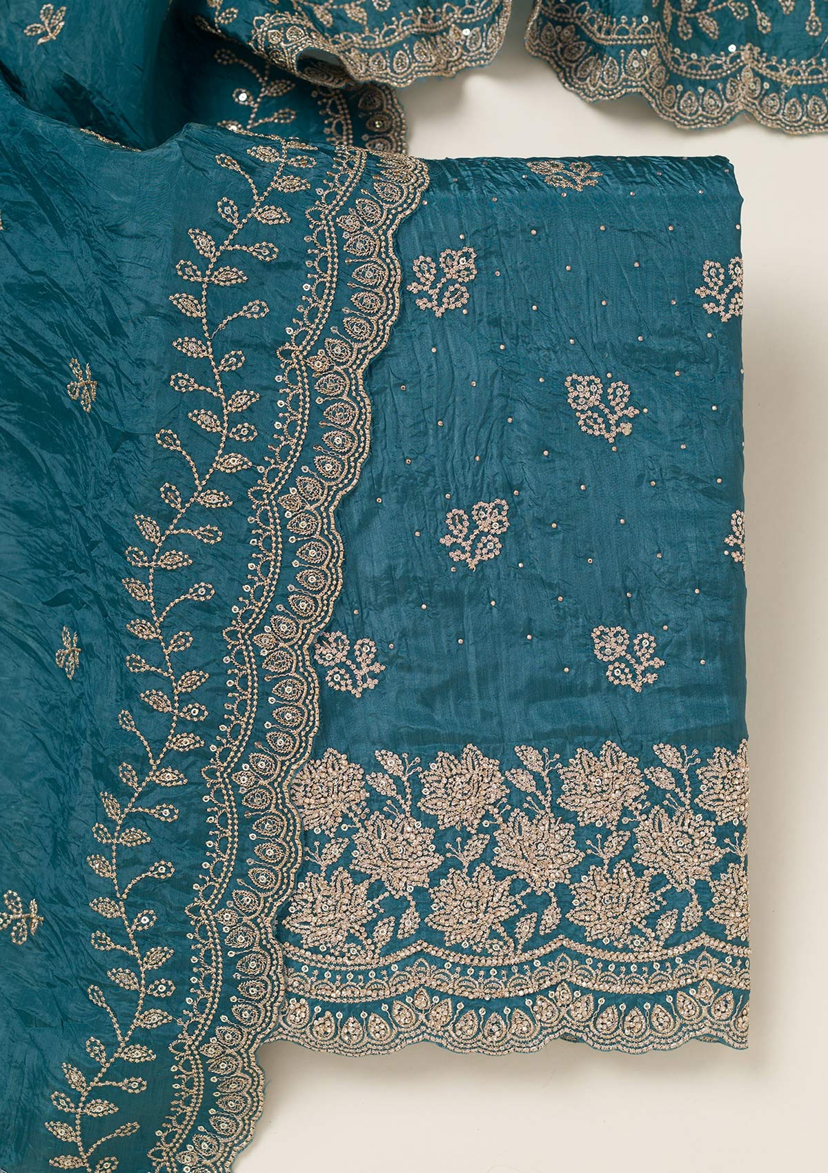Turquoise Blue Threadwork Tissue Unstitched Salwar Suit-koskii