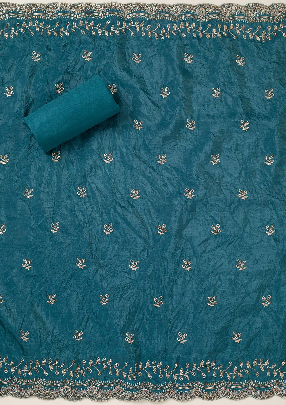 Turquoise Blue Threadwork Tissue Unstitched Salwar Suit-koskii