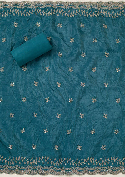 Turquoise Blue Threadwork Tissue Unstitched Salwar Suit-koskii