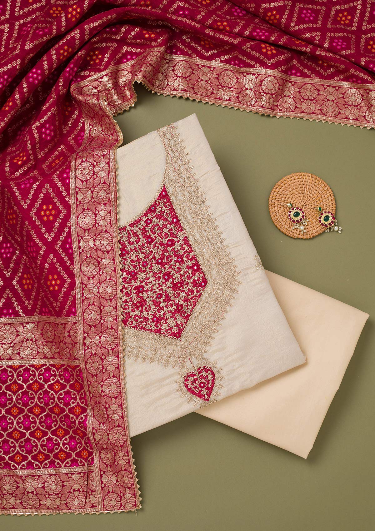 Beige Zariwork Tissue Unstitched Salwar Suit-koskii