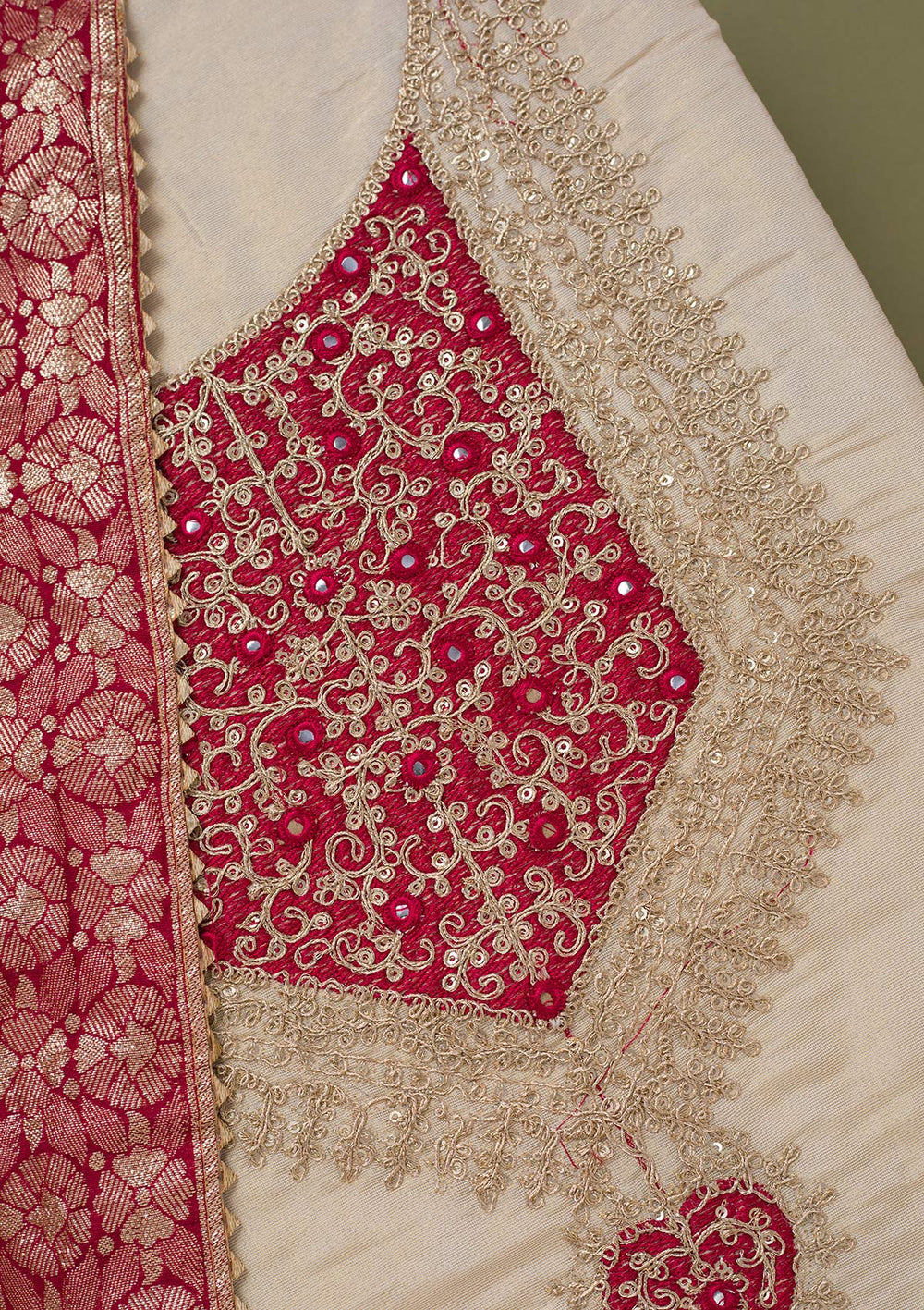 Beige Zariwork Tissue Unstitched Salwar Suit-koskii