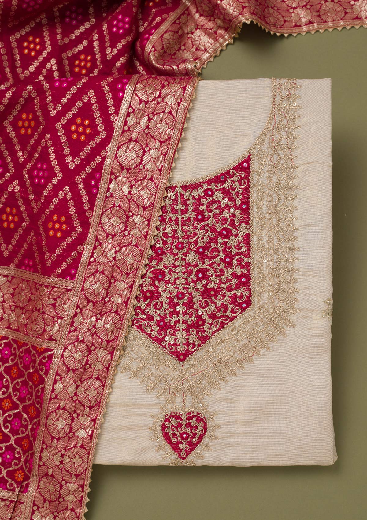 Beige Zariwork Tissue Unstitched Salwar Suit-koskii