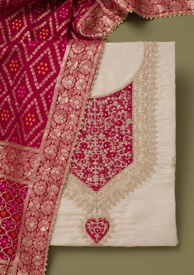 Beige Zariwork Tissue Unstitched Salwar Suit-koskii