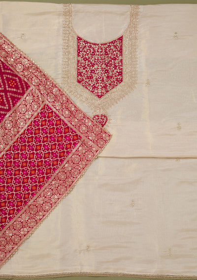 Beige Zariwork Tissue Unstitched Salwar Suit-koskii