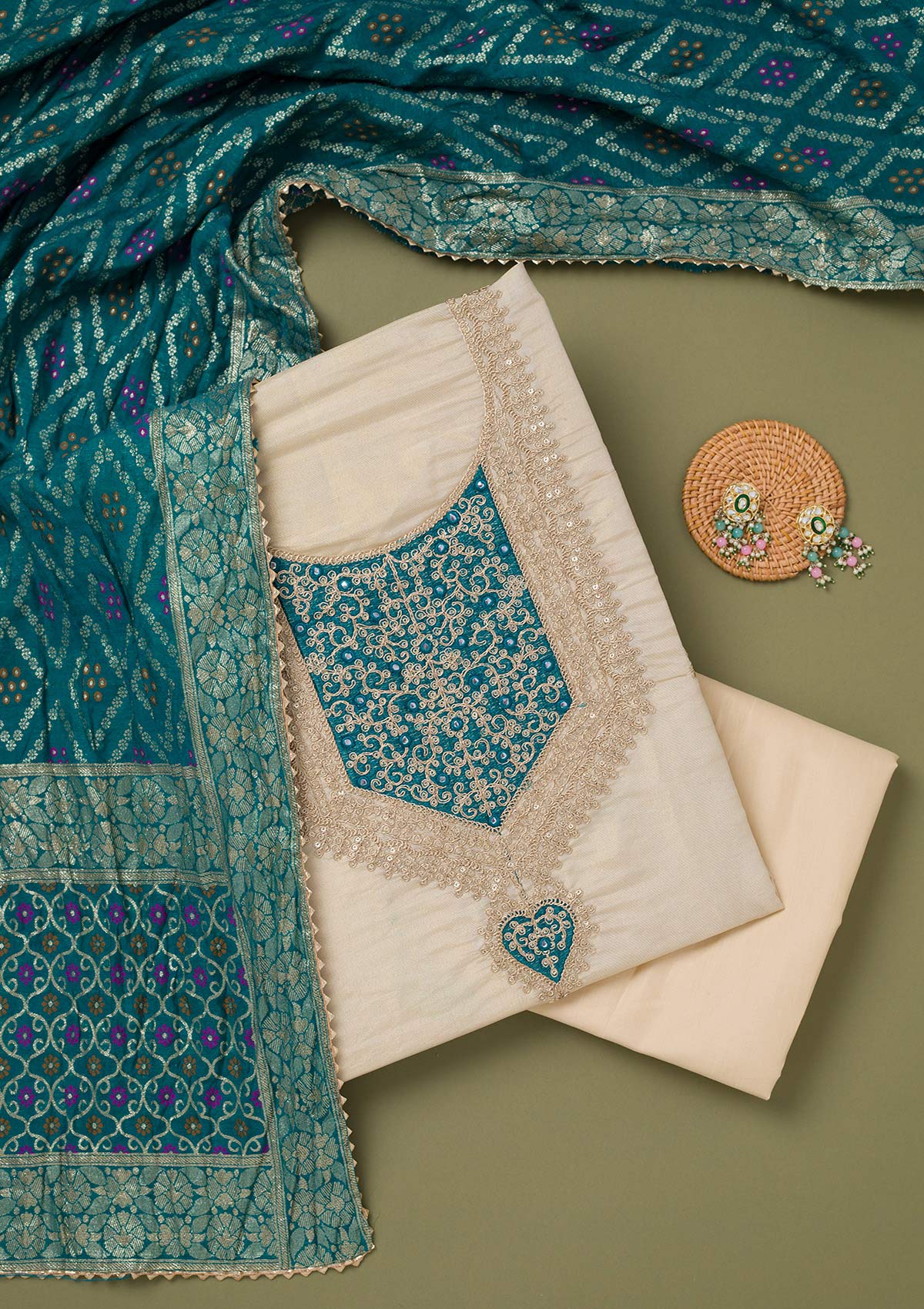 Beige Zariwork Tissue Unstitched Salwar Suit-koskii