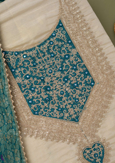Beige Zariwork Tissue Unstitched Salwar Suit-koskii