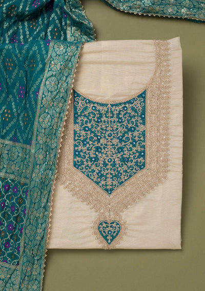 Beige Zariwork Tissue Unstitched Salwar Suit-koskii