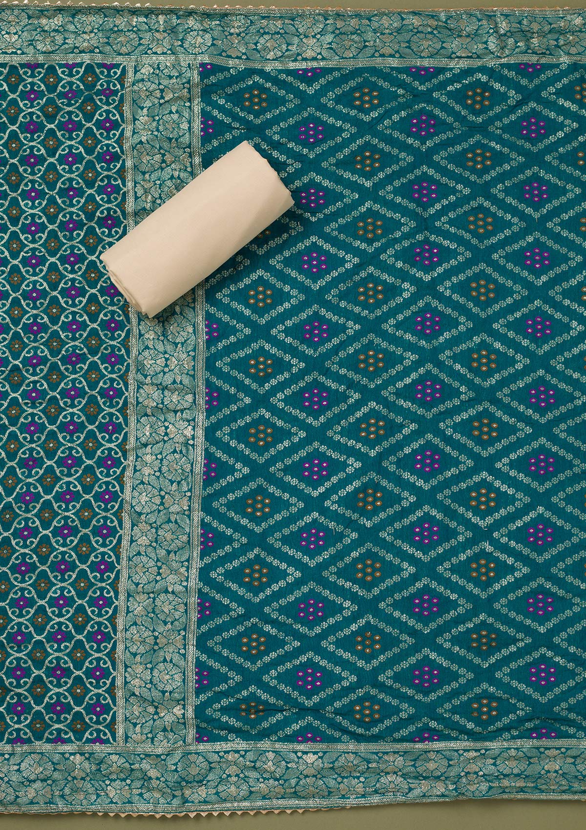 Beige Zariwork Tissue Unstitched Salwar Suit-koskii